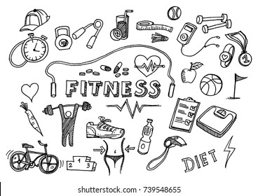 Hand Drawn Doodle Fitness Icons Set.-Vector Illustration