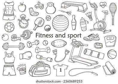 Elementos de diseño deportivo y de fitness con doodle dibujados a mano. Concepto de estilo de vida saludable. Ilustración del vector