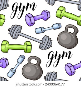 Hand drawn doodle fitness and sport seamless pattern. Healthy lifestyle concept. Vector illustration