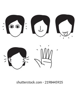 Hand Drawn Doodle Five Senses Vector Icon Illustration Set