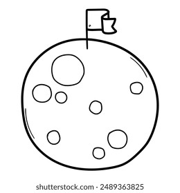 Hand drawn doodle flag on moon isolated on white background. Vector illustration.