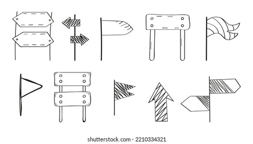 Hand drawn doodle flag vector set. Marker black pointer. Road signs. Ink business, gps label.