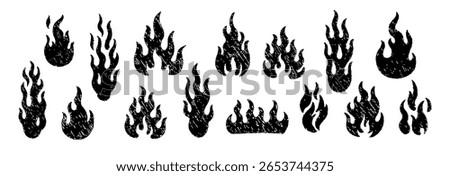 Hand drawn doodle flame collection in black sketch style for graphic design. Grunge fire illustrations with rough texture.