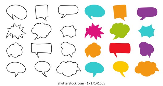 Doodle dibujado a mano y vector de burbuja de habla de color plano. Carteles, etiquetas de precio, pegatinas, carteles, insignias. Aislado sobre fondo blanco.