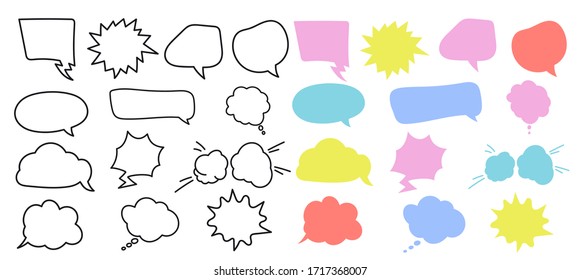 Hand drawn doodle and flat colourful speech bubble vector. Banners, price tags, stickers, posters, badges. Isolated on white background.