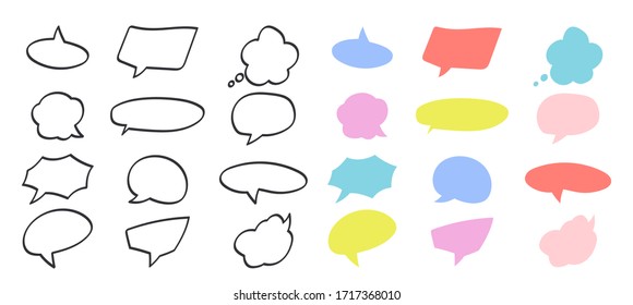 Doodle dibujado a mano y vector de burbuja de habla de color plano. Carteles, etiquetas de precio, pegatinas, carteles, insignias. Aislado sobre fondo blanco.