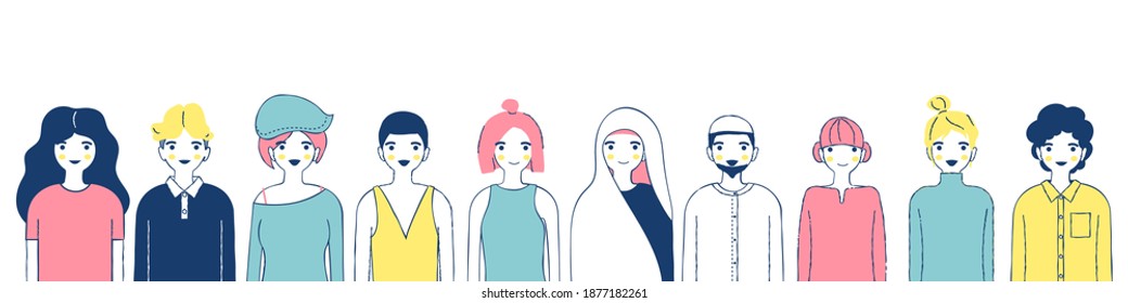 Hand drawn doodle flat vector illustration design set. Smiling cartoon characters collection. Male and female portraits bundle isolated on white. Diverse people avatars. Relaxing color concept 
