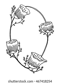 hand drawn doodle floral border frame on white background. For Place your Text here