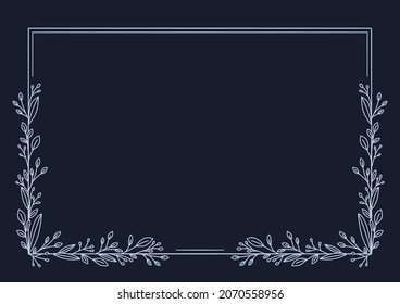 Hand drawn doodle floral branches and leaves on navy blue. Logo design, monogram, wedding, engagement invitations, greeting card, social media stories design template, background with copy space