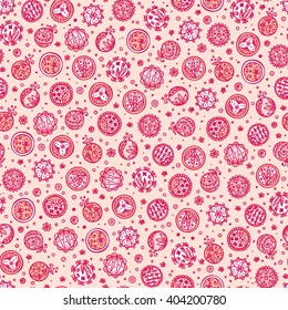 Hand drawn doodle floral circles - Abstract Seamless Pattern. Pink polka dots background.
