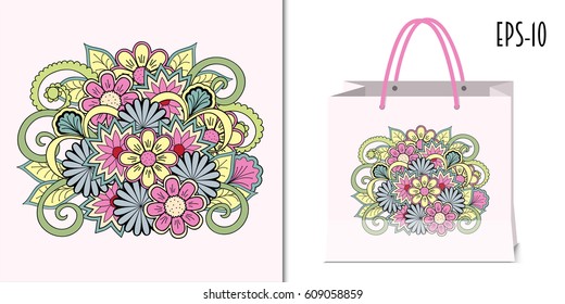 Hand drawn doodle floral composition in boho style for decorate dishes, t-shirt, tunic, bags, case, notebook, stationery, fabric print. Mock-up paper bag. eps 10.
