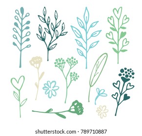 Hand drawn doodle floral elements. Pattern with flower and leaf.