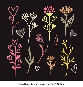 Hand drawn doodle floral elements. Pattern with flower and leaf.