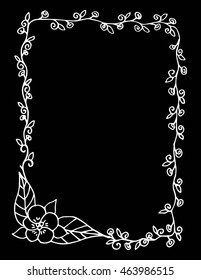 Hand drawn doodle floral frame with a place for your text on Black background. for invitation cards, wedding card design and other.