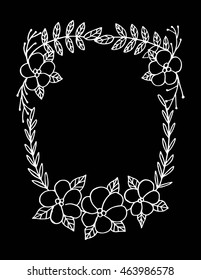 Hand drawn doodle floral frame with a place for your text on Black background. for invitation cards, wedding card design and other.