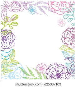 Hand drawn doodle floral frame with leaves and flowers.