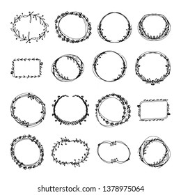 Hand drawn doodle floral frames set. black and white vector illustration