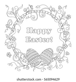 Hand drawn doodle floral mandala with ornamental eggs and text Happy Easter for Easter greeting card, invitation, adult and children coloring book. eps 10