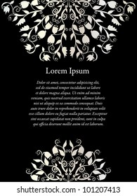 Hand drawn doodle floral ornamental background blank in black and silver colors.