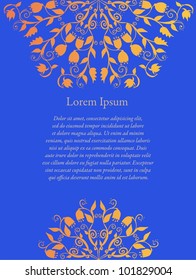 Hand drawn doodle floral ornamental background blank in blue and orange colors.