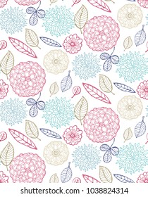 Hand drawn doodle floral pattern. Flowera and leaves