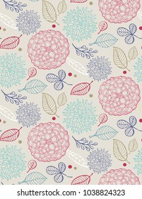 Hand drawn doodle floral pattern. Flowera and leaves