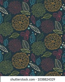 Hand drawn doodle floral pattern. Flowera and leaves