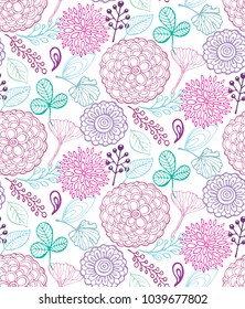 Hand drawn doodle floral pattern. Spring background. Summer flower and leaf