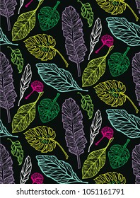 Hand drawn doodle floral pattern. Palm leaves