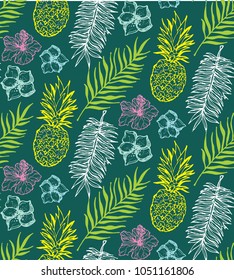 Hand drawn doodle floral pattern. Palm leaves