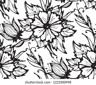 Hand drawn doodle floral pattern with flowers and leaves