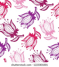 Hand drawn doodle floral pattern with flowers and leaves