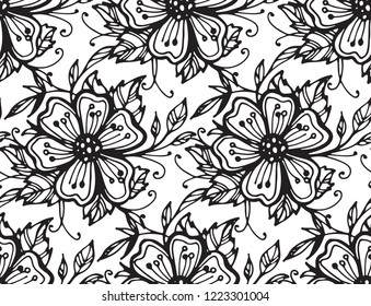 Hand drawn doodle floral pattern with flowers and leaves
