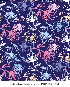 Hand drawn doodle floral pattern background - flower and leaf