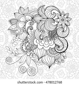 Hand drawn doodle. Floral patterned vector illustration. Sketch for colouring page, tattoo, poster, print, t-shirt