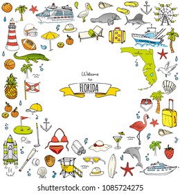 Hand drawn doodle Florida icons set. Vector illustration, isolated symbols collection of USA state, Cartoon elements Alligator Manatee Yacht Cruise sheep Fishing boat Golf American football Palm trees