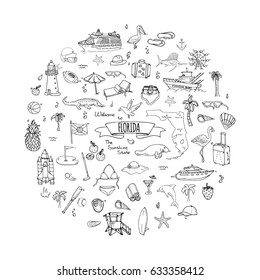 Hand drawn doodle Florida icons set. Vector illustration, isolated symbols collection of USA state, Cartoon elements Alligator Manatee Yacht Cruise sheep Fishing boat Golf American football Palm trees