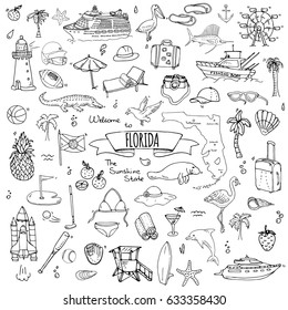 Hand drawn doodle Florida icons set. Vector illustration, isolated symbols collection of USA state, Cartoon elements Alligator Manatee Yacht Cruise sheep Fishing boat Golf American football Palm tree