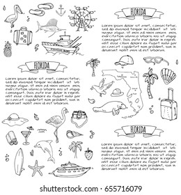 Hand drawn doodle Florida icons set. Vector illustration, isolated symbols collection of USA state, Cartoon elements Alligator Manatee Yacht Cruise sheep Fishing boat Golf American football Palm trees