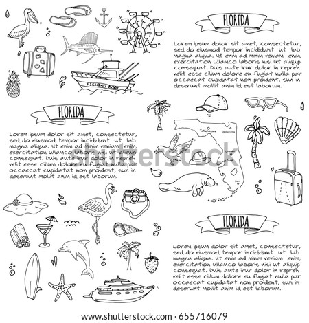 Hand drawn doodle Florida icons set. Vector illustration, isolated symbols collection of USA state, Cartoon elements Alligator Manatee Yacht Cruise sheep Fishing boat Golf American football Palm trees