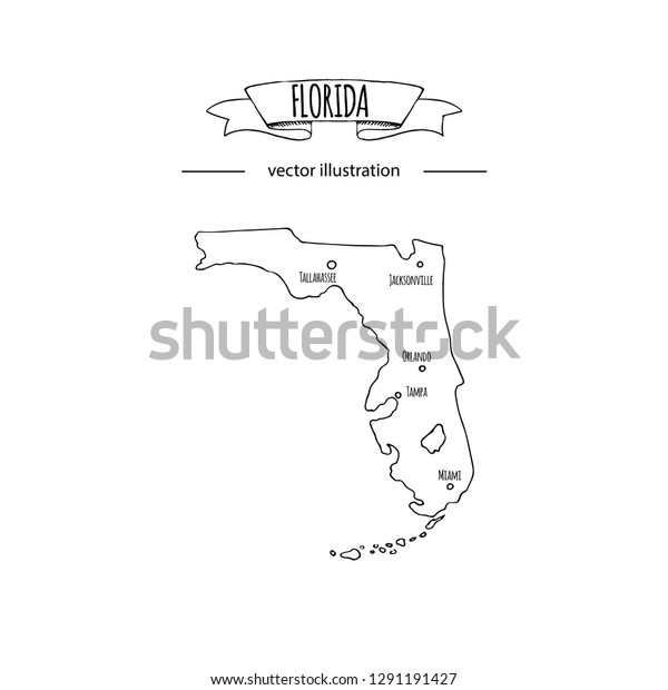 Hand drawn doodle Florida map icon Vector\
illustration isolated on white background islands outer borders\
symbol Cartoon ribbon band element icon. USA state, Miami,Orlando,\
Tampa, Gulf of Mexico\
coast