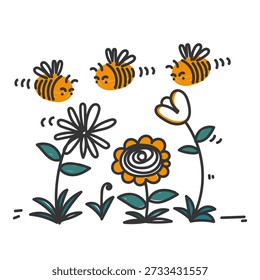 handgezeichnete Doodle Blume und Biene Illustration in niedlichem Design