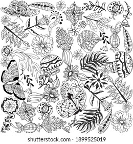 Hand drawn doodle flower and foliage collection. Monochrome set sketch botanical elements. 