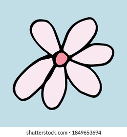Hand drawn doodle flower head illustration. Simple floral element isolated on blue background