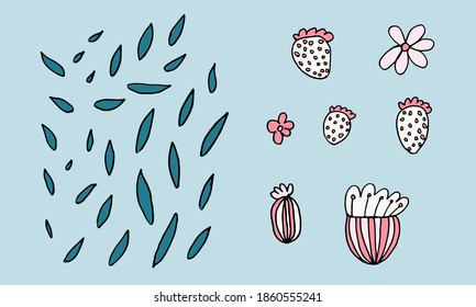 Hand drawn doodle flower head illustration. Simple floral element isolated on blue background
