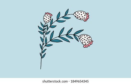Hand drawn doodle flower illustration. Simple floral element isolated on blue background