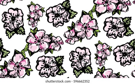 hand drawn doodle flower pattern. Nature background. Cherry blossom pattern.