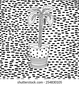 Hand drawn doodle flower in pots. Seamless Pattern