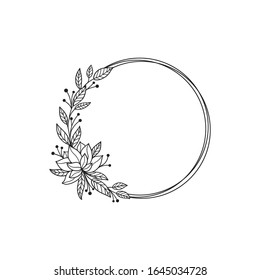 Hand drawn doodle flower wreath with magnolia. Sketch floral frame for wedding, invitation, greeting card, print. Monochrome vector illustration isolated on white background.