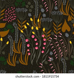Hand drawn doodle flowers background. Seamless scandinavian pattern for fabric, textile. Blooming floral vector Illustration for wrapping paper, wallpaper. 